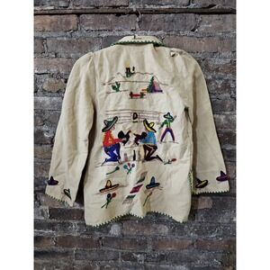 Vintage Mexican Wool Open Tourist‎ Coat Jacket Yarn Embroidered Tan Measurements